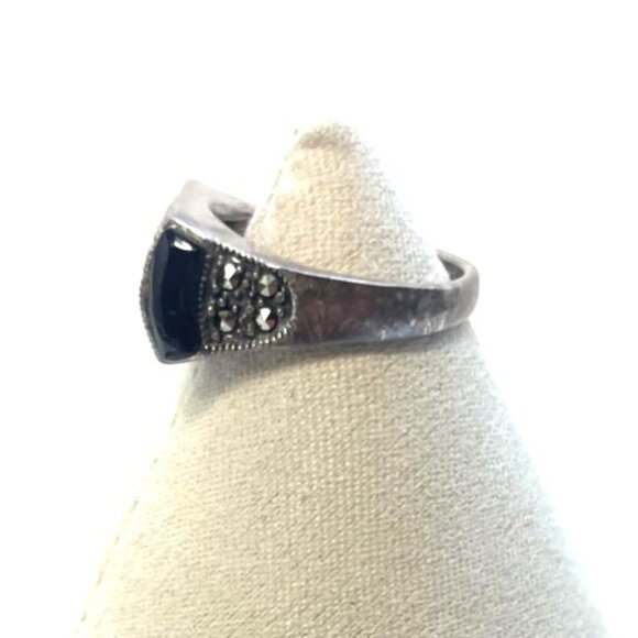 Vintage 925 Sterling Silver Art Deco Marcasite Onyx Ring Sz 8 Tramp Art Nouveau - Picture 2 of 6